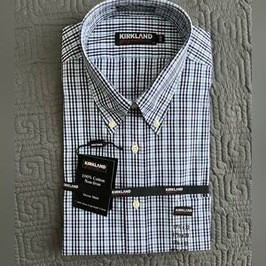 Kirkland Signature Men's Blue and White Checkered Dress Shirt